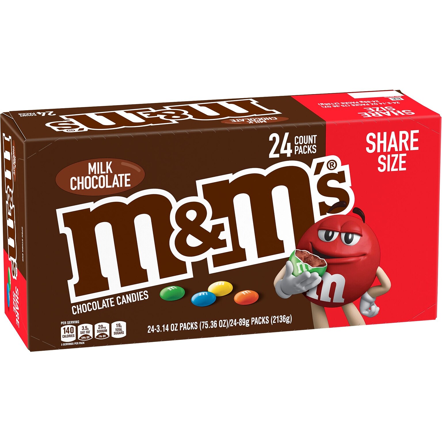 M&Ms Sharing Size Milk Chocolate Candy Pieces, 75.36 oz., 24 Pouches/Box (MMM04431)