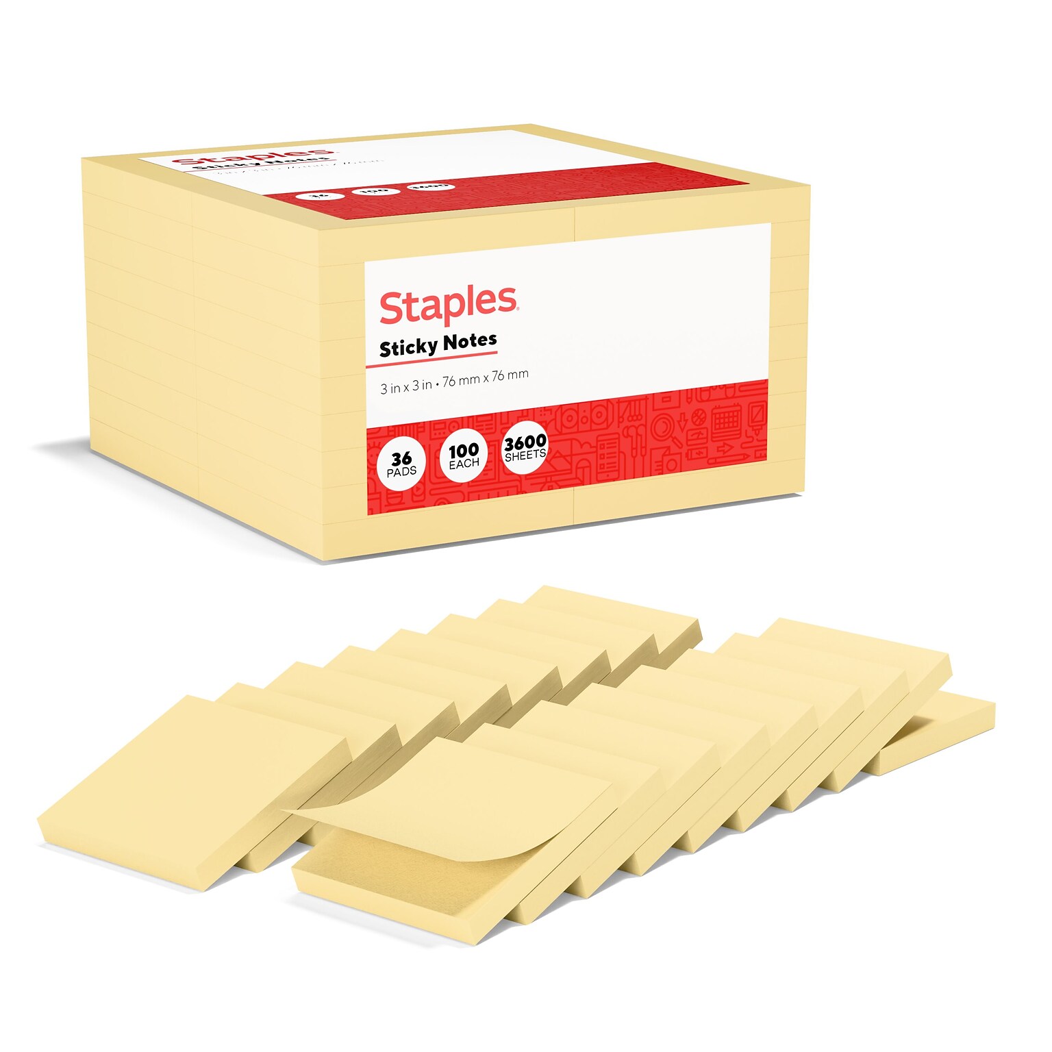 Staples Recycled Notes, 3 x 3, Sunshine Collection, 100 Sheet/Pad, 36 Pads/Pack (S-33YR36)