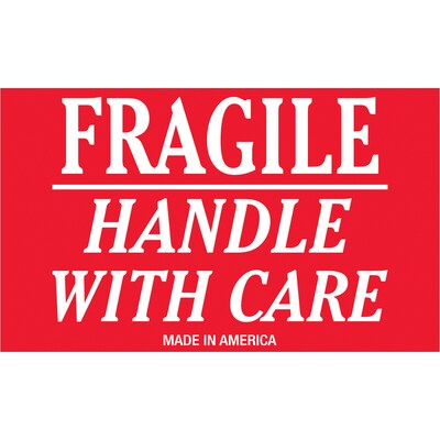 Tape Logic Labels, Fragile - Handle With Care, 3 x 4, Red/White, 500/Roll (SCL502R)