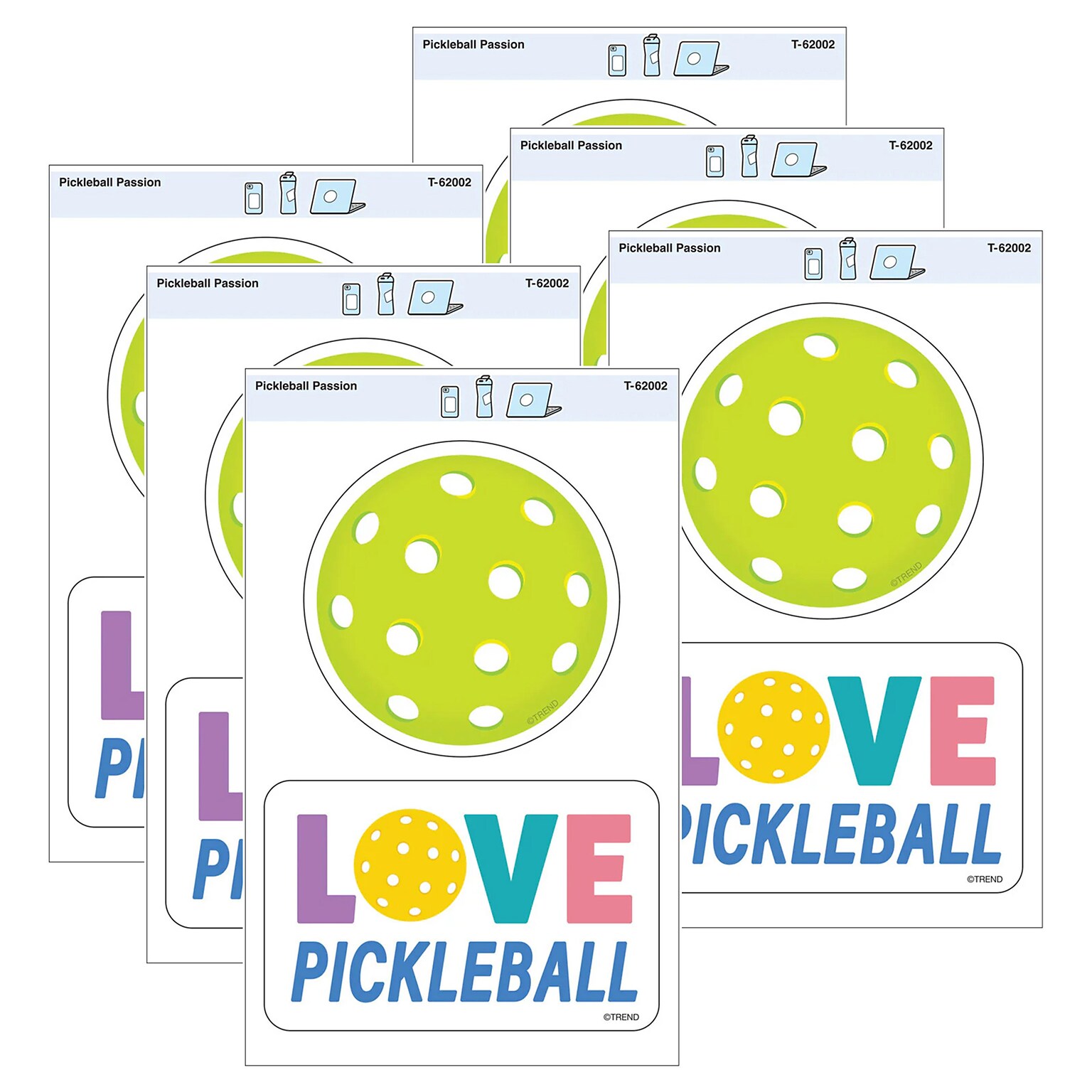 Trend Enterprises Pickleball Passion Vinyl Stickers, Multicolored, 2/Pack, 6/Packs/Bundle (T-62002-6)