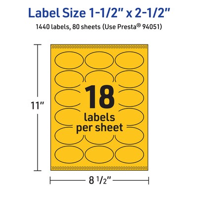 Avery Laser/Inkjet Oval Multipurpose Labels, 1.5" x 2.5", Bright Yellow, 1440/Box (94051)