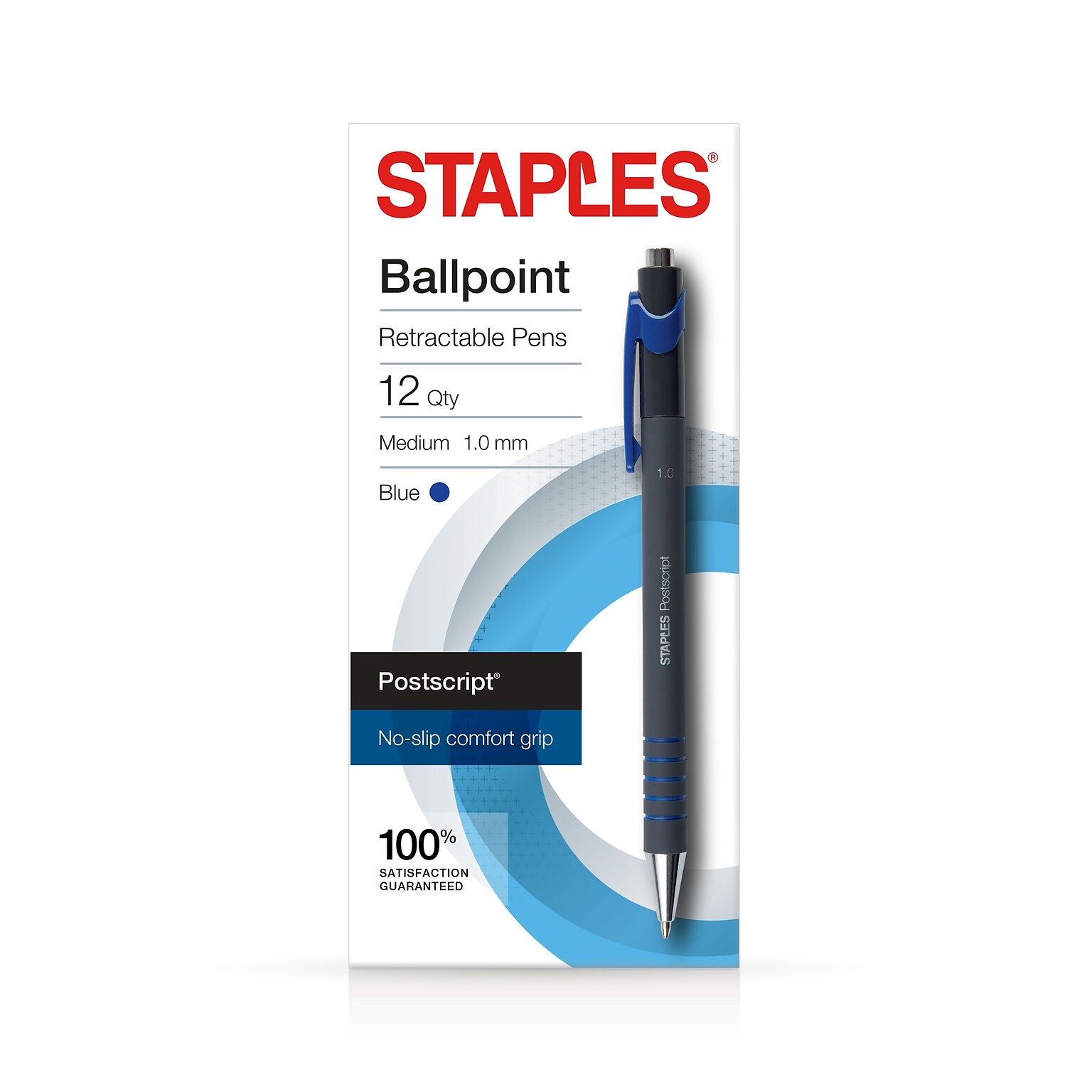 Staples Postscript Retractable Ballpoint Pens, Medium Point, Blue Ink, Dozen (18263)