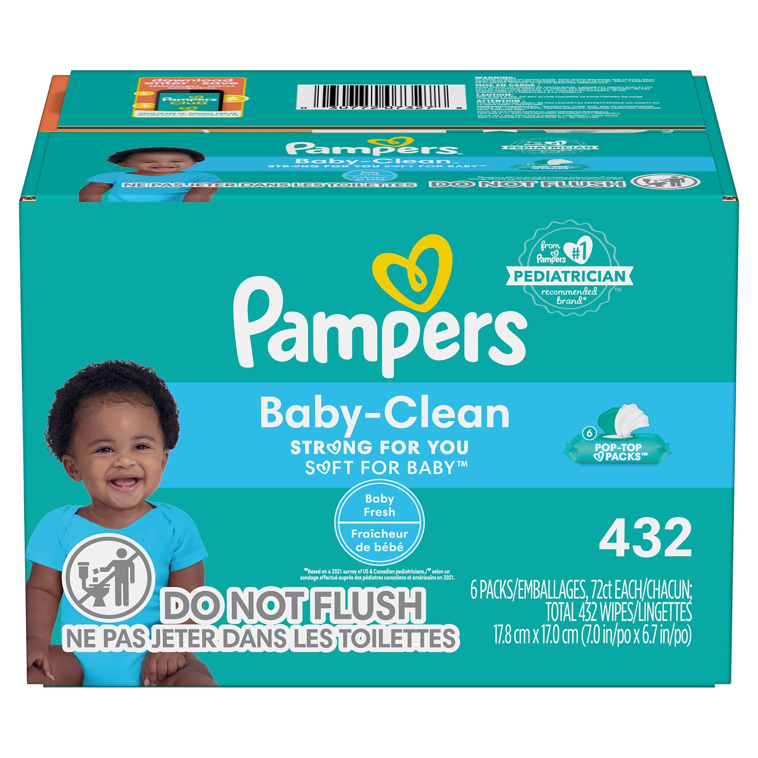 Pampers Baby Clean Wipes, Baby Fresh Scented, 6 Pop-Top Packs, 432 Count (73278/75614)