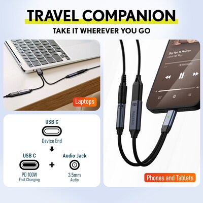 Overtime USB-C to USB-C & 3.5mm Audio and 100W Charging Splitter Adapter, Black (OADCTC35BK)