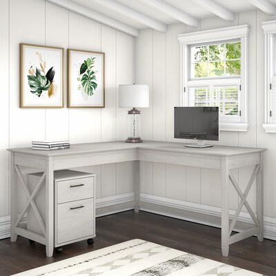 Bush Furniture Key West 60W L Shaped Desk with 2 Drawer Mobile File Cabinet, Linen White Oak (KWS01