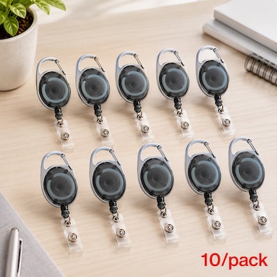 Staples Carabiner Name Tag Reel Clips, Smoke, Retractable Cord, Metal Carabiner Clip for Secure ID Badge Access, 10/Pack