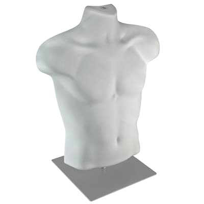 Azar Male White Plastic Bust Torso Mannequin, 12 Square Metal Base (900525-WHT)
