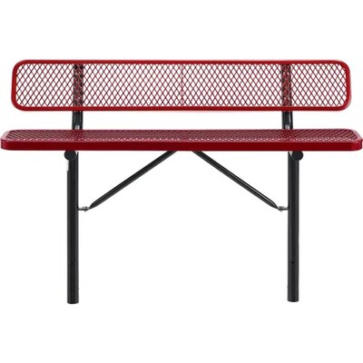 Global Industrial 6 Outdoor Steel Bench w/ Backrest, Expanded Metal, In Ground Mount, Red (277154IR