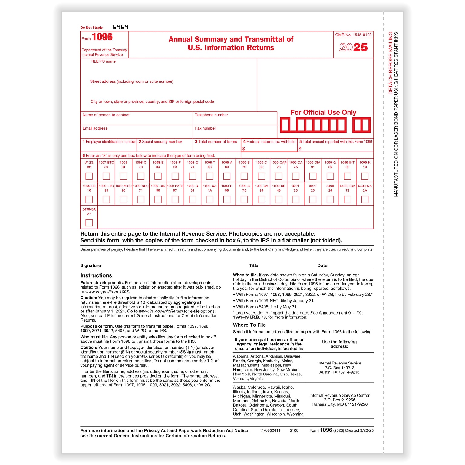 ComplyRight 2025 1096 Tax Form, 1-Part, Transmittal, 10/Pack (510010)