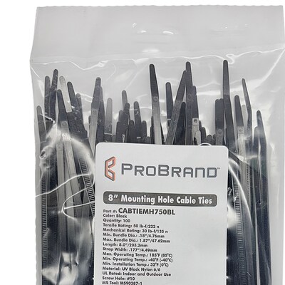 ProBrand 8 UV-Resistant Nylon 6/6 Mounting Hole Cable Tie with 50-lbs. Tensile Strength, Black, 100