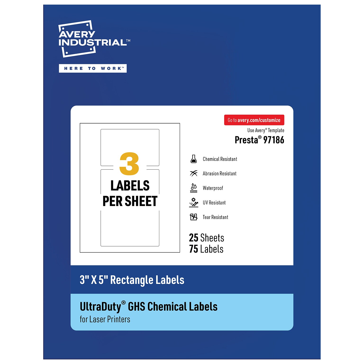 Avery Laser UltraDuty GHS Labels 3 x 5, White, 3 Labels/Sheet, 25 Sheets/Pack (97186)