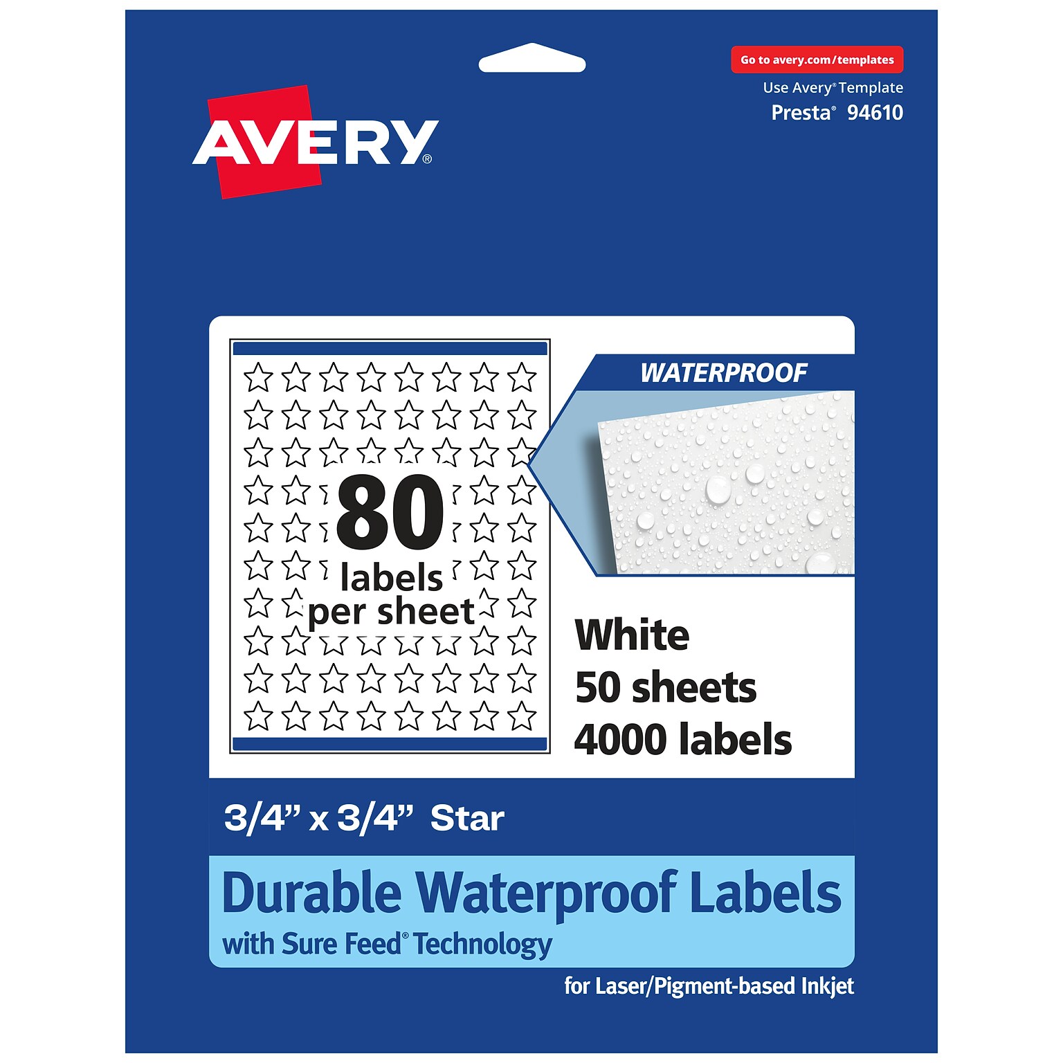 Avery Laser/Inkjet Star Waterproof Multipurpose Labels, 0.75  Dia, White, 4000/Box (94610)
