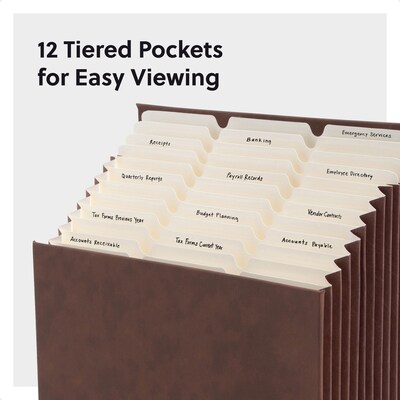 Smead Stadium 50% Recycled Heavy Duty Reinforced Faux Leather Accordion File, 12 Pocket, Letter, Saddle (70228)