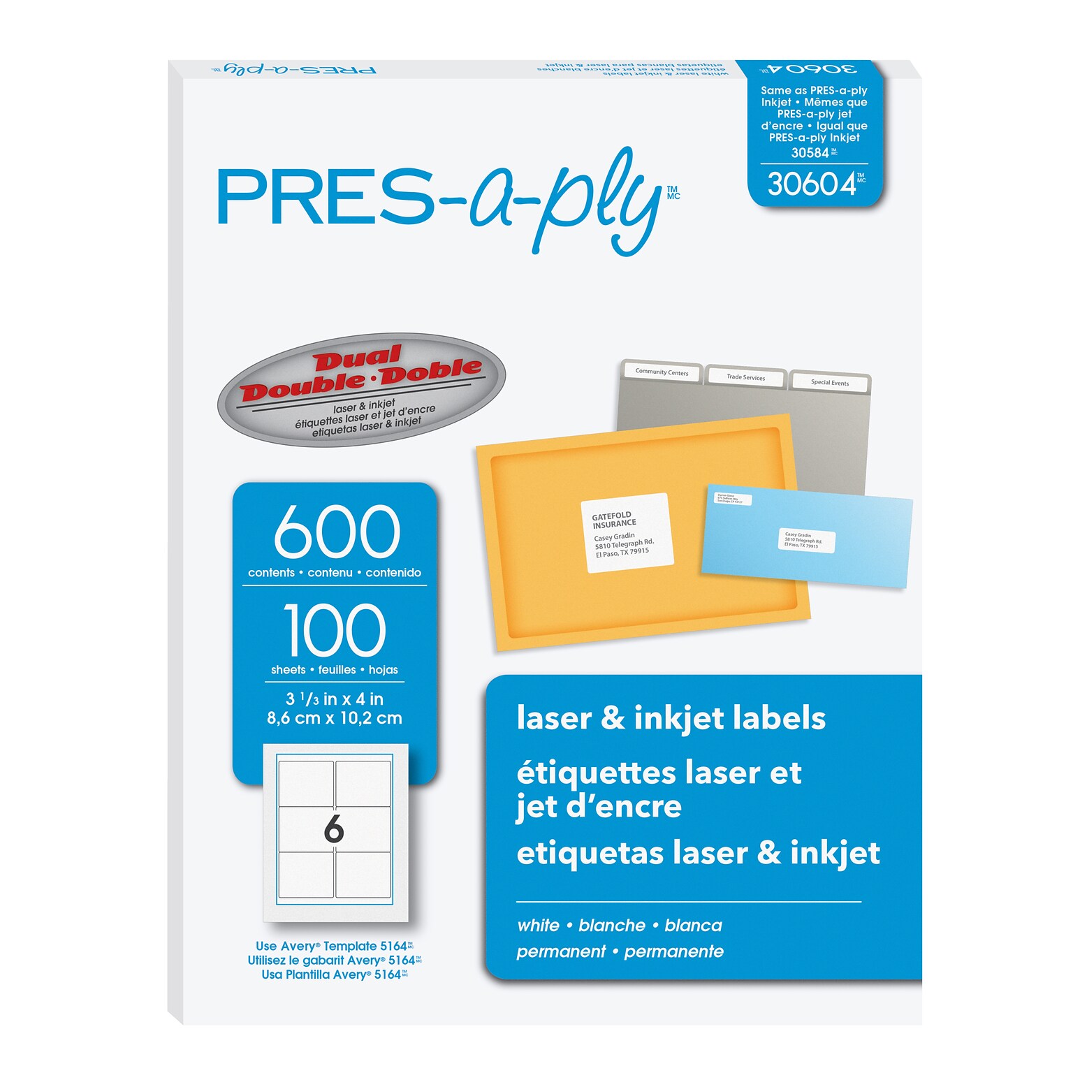 PRES-a-ply Laser/Inkjet Shipping Labels, 3-1/3 x 4, White, 600 Labels/Box (30604)