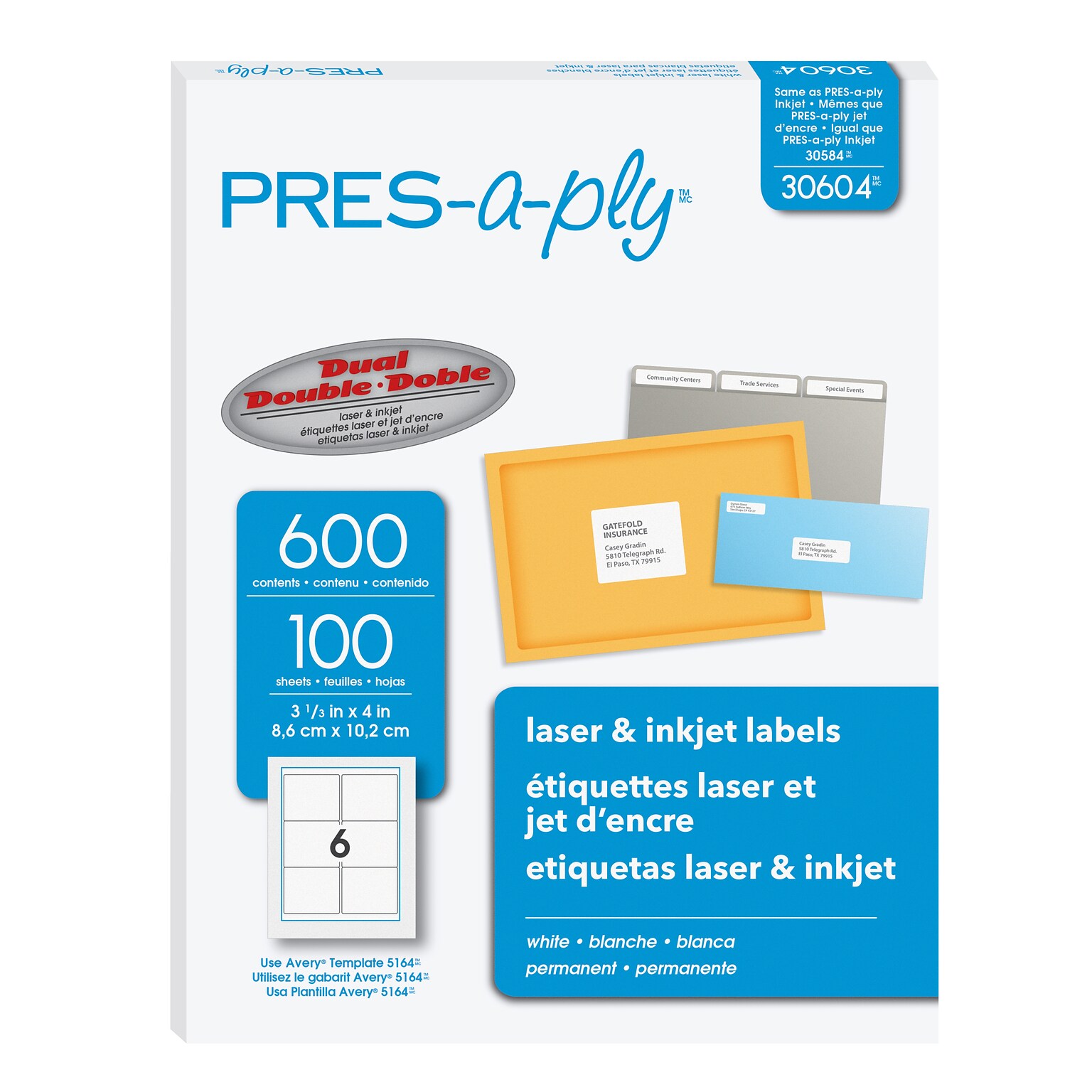 PRES-a-ply Laser/Inkjet Shipping Labels, 3-1/3 x 4, White, 6 Labels/Sheet, 100 Sheets/Box (30604)