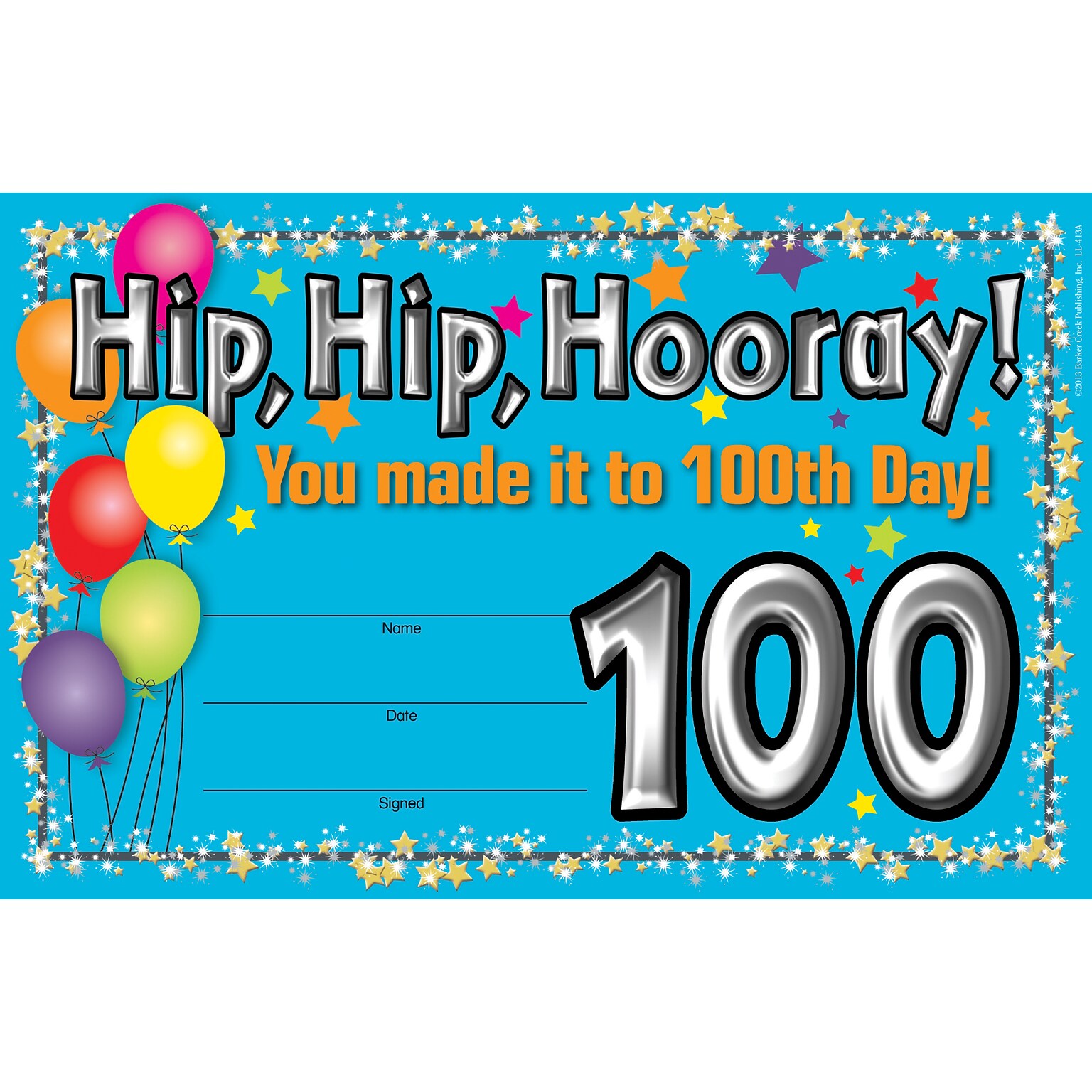 Barker Creek 100th Day Recognition Awards, 8.5 x 5.5”, Multicolored, 30/Pack (LL426)