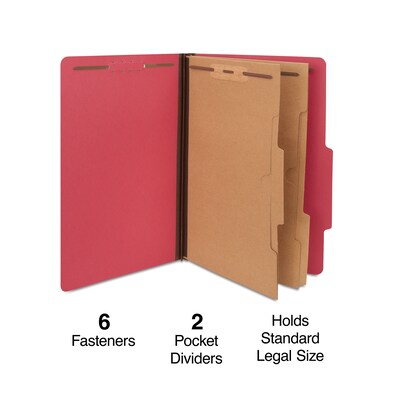 Quill Brand® 2/5-Cut Pressboard Classification Folders with Pockets, 2-Partitions, 6-Fasteners, Lega