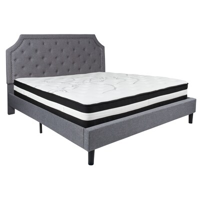 Flash Furniture Brighton Tufted Upholstered Platform Bed in Light Gray Fabric with Pocket Spring Mat