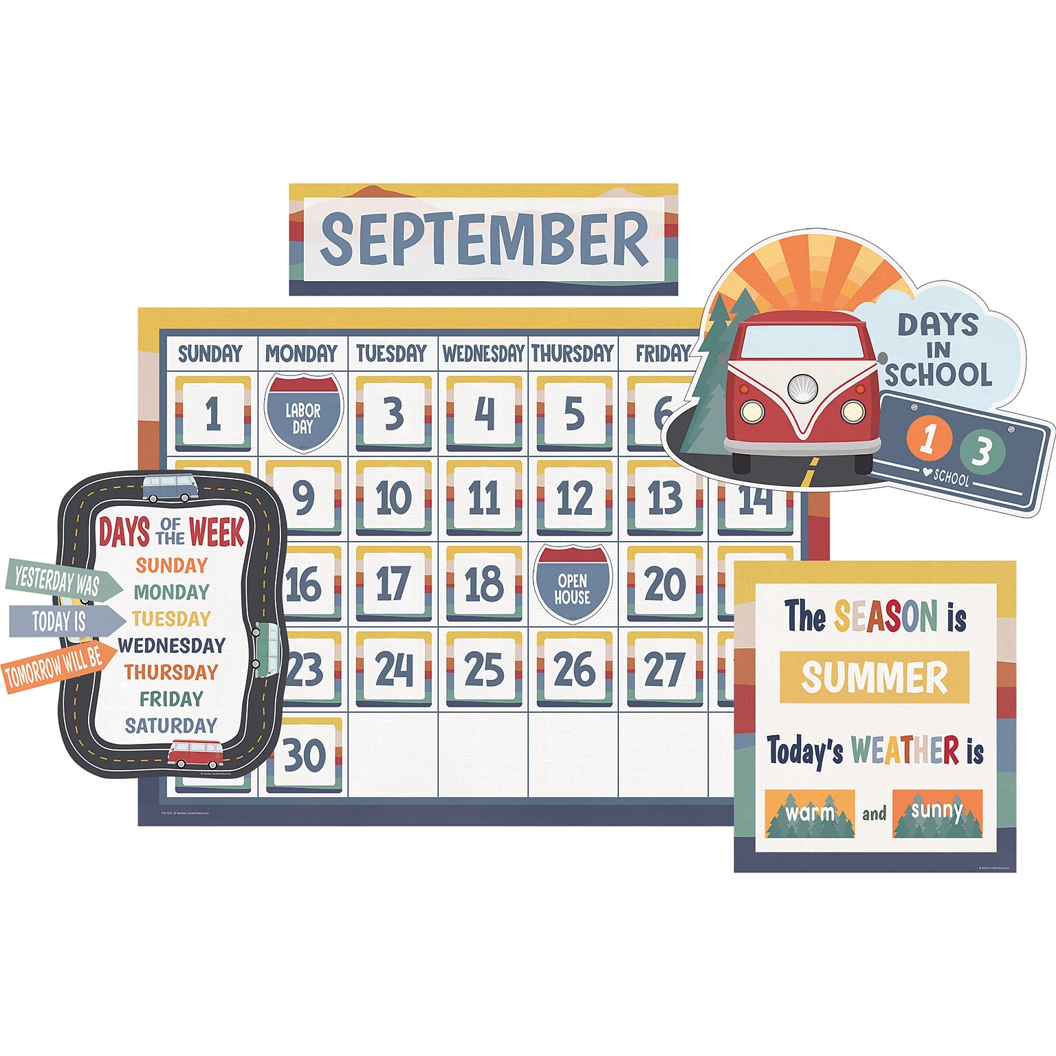Teacher Created Resources Moving Mountains Road Trip Calendar Bulletin Board Set, 110 Pieces/Set (TCR9221)