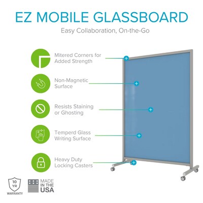 Ghent EZ Glass Mobile Dry-Erase Whiteboard, Aluminum Frame, 75H x 62W, Denim (EZ1NA7562DM)