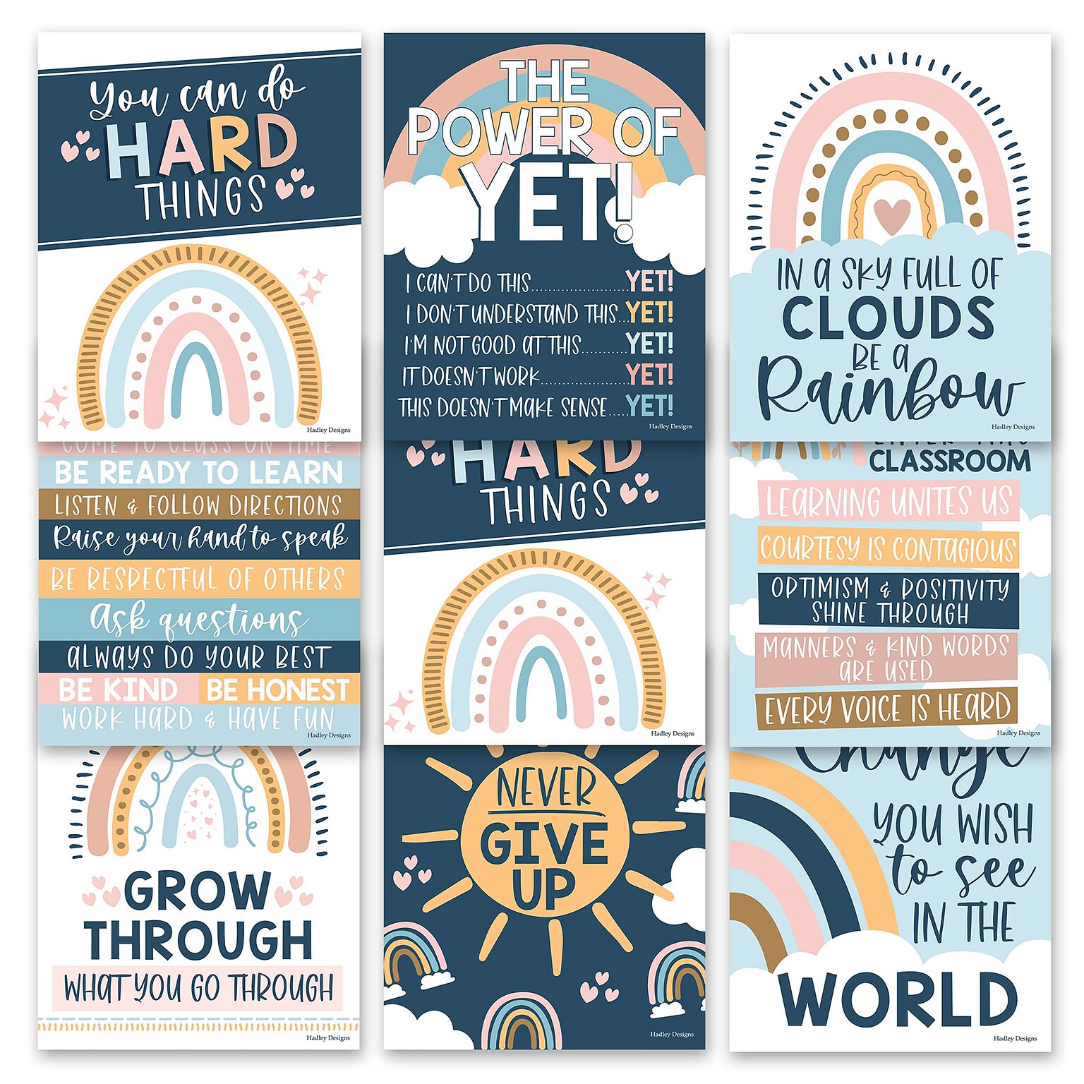 Hadley Designs 14 x 11 Boho Rainbow Growth Mindset Classroom Decor Posters, 9/Set (HDDX004A2JP97)