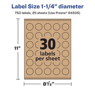 Avery Laser/Inkjet Round Multipurpose Labels, 1.25" Dia., Kraft Brown, 750 Labels/Pack (94505)