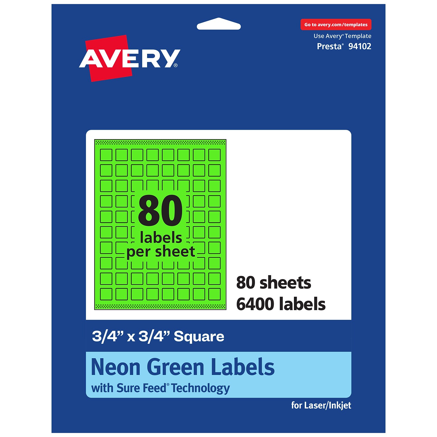 Avery Laser/Inkjet Multipurpose Square Labels, 0.75 x 0.75, Neon Green, 6400/Box (94102)
