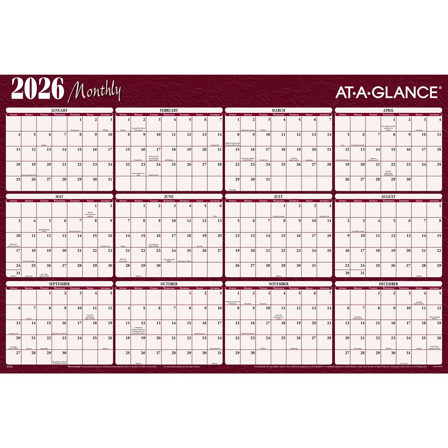 2026 AT-A-GLANCE 48 x 32 Yearly Dry Erase Wall Calendar, Reversible, White/Blue (A1152-26)