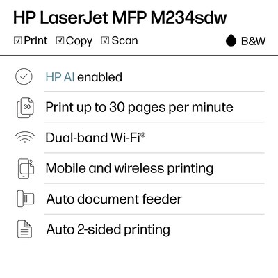 HP LaserJet M234sdw Wireless Black & White Laser Printer, All-In-One, Print, Scan, Copy, Best for Home Office (6GX01F)
