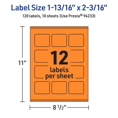 Avery Rectangle Multipurpose Labels, 1-13/16" x 2-3/16", Bright Orange, 120/Pack (94233)
