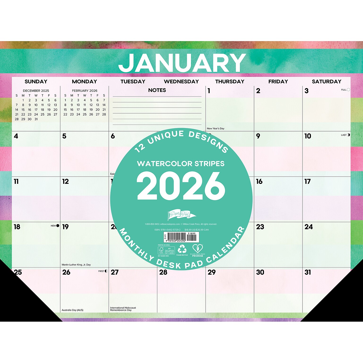 2026 Willow Creek Watercolor Stripes 22 x 17 Monthly Desk Pad Calendar (57292)