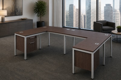 Boss Office Products Simple System 71W L-Shaped Desk with Pedestal, Driftwood, 2/Set (SGSD008-203)