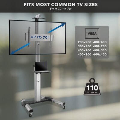 Mount-It! 2-Shelf Mobile Height Adjustable TV Cart for 32"-70" Displays, Gray (MI-875)
