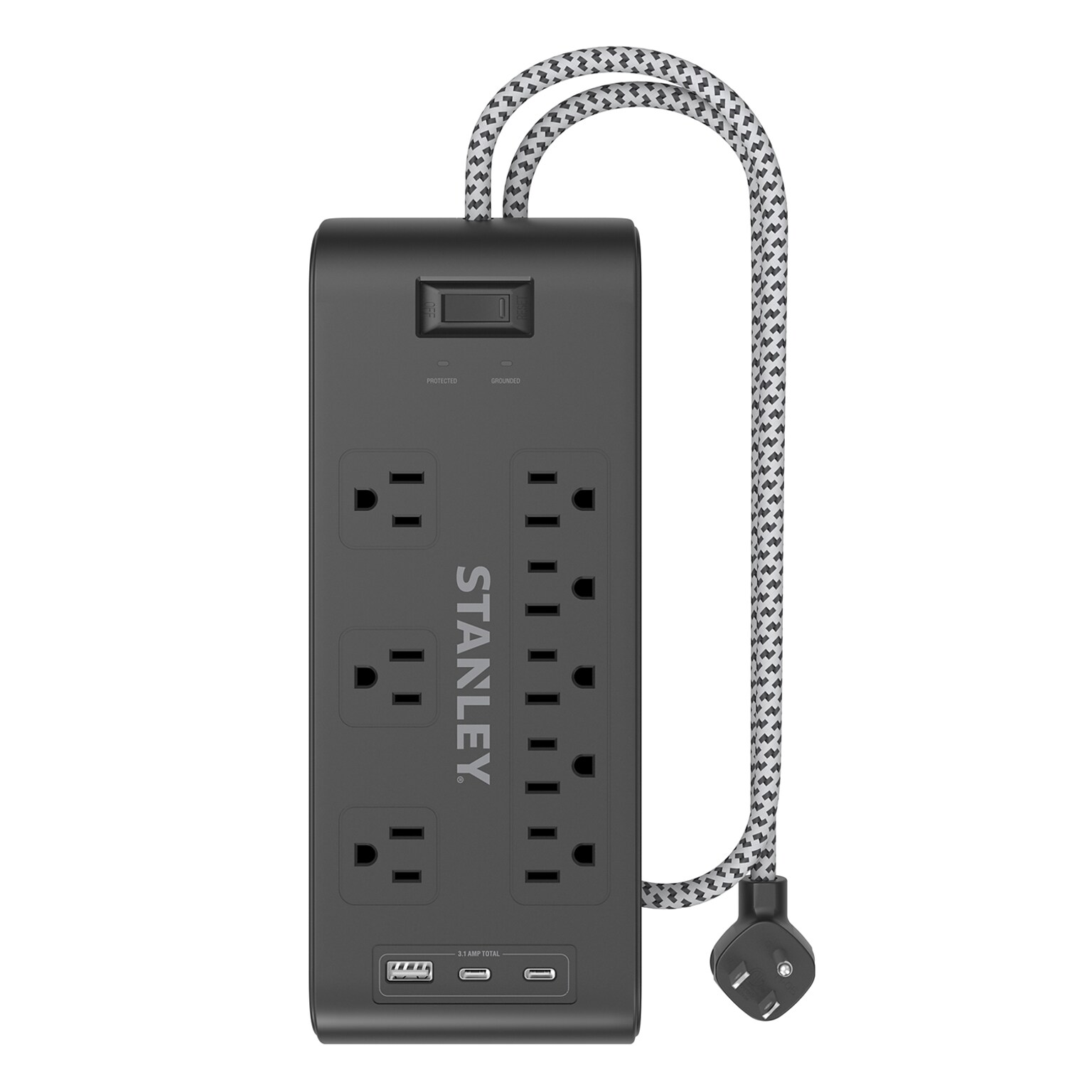 STANLEY Surge Blok 8-Outlet Surge Protector Power Strip w/3-USB Ports & Braided Fabric Cord, 6-ft., 2400 Joules, Black (33308)