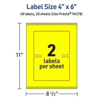 Avery Laser/Inkjet Multipurpose Rectangle Labels, 4" x 6", Neon Yellow, 40/Pack (94278)