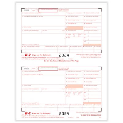 ComplyRight 2024 W-2 Tax Form, 1-Part, 2-Up, Federal Copy A, 50/Pack (520150)