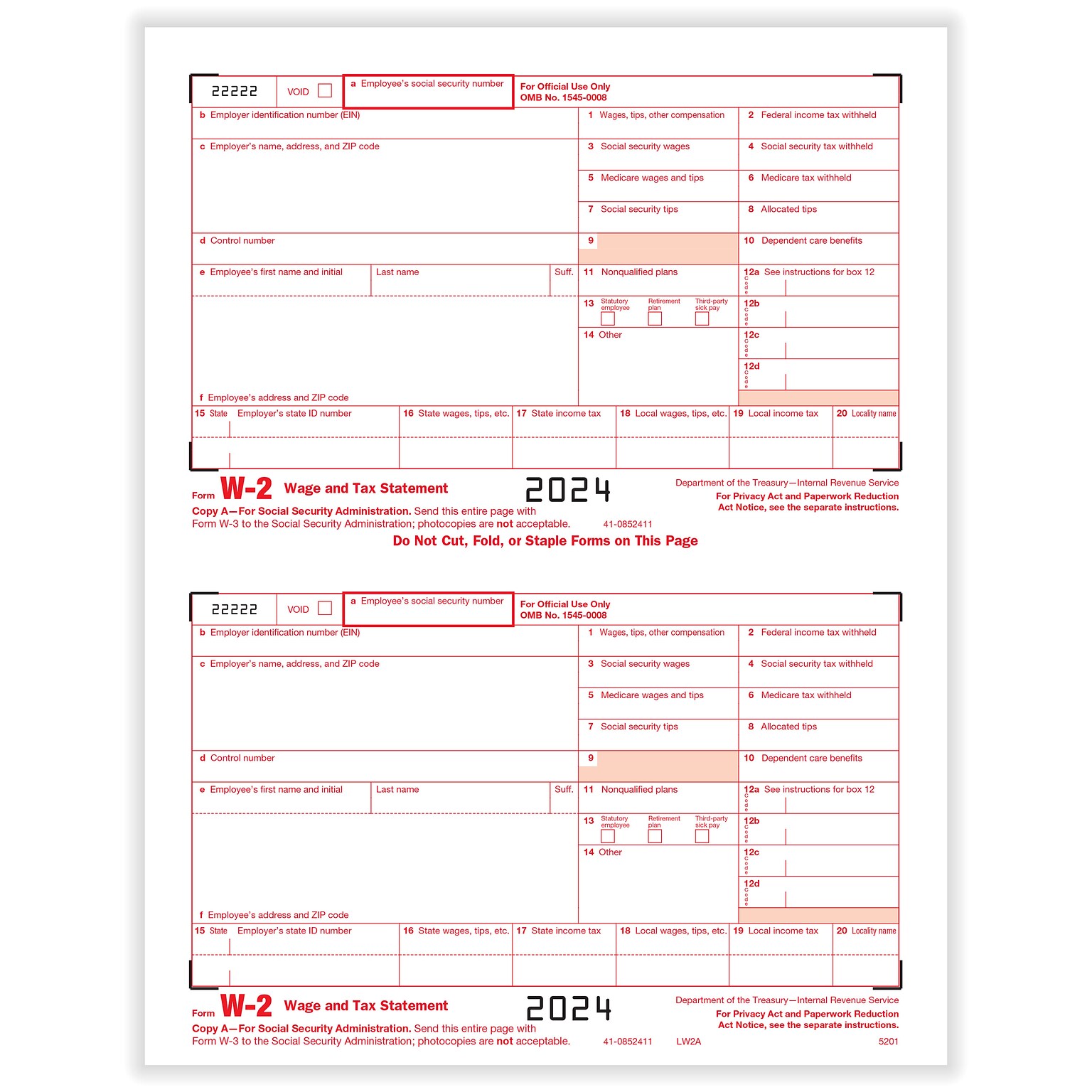 ComplyRight 2024 W-2 Tax Form, 1-Part, 2-Up, Federal Copy A, 50/Pack (520150)