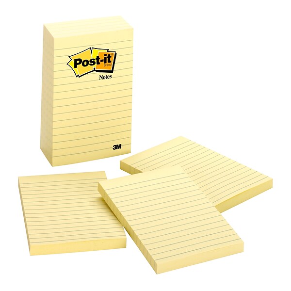 Post-it® Notes, Canary Yellow, Lined, 4 in x 6 in, 100 Sheets/Pad, 5 Pads/Pack (660-5PK)