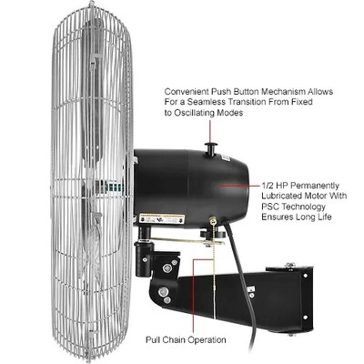 Global Industrial 30" Deluxe Oscillating Wall Mount Fan, 3 Speed, 10,000 CFM, 1/2 HP (258322)