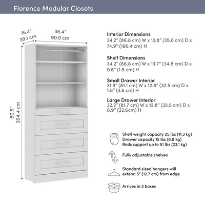 Bestar Florence Closet System, 5 Shelves, 4 Drawers, 36"W x 16"D, White (127605-000017)