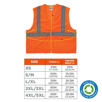 GloWear 8205HL-ECO High Visibility Sleeveless Vest, ANSI Type R Class 2, Orange, 2X/3X, (21997)