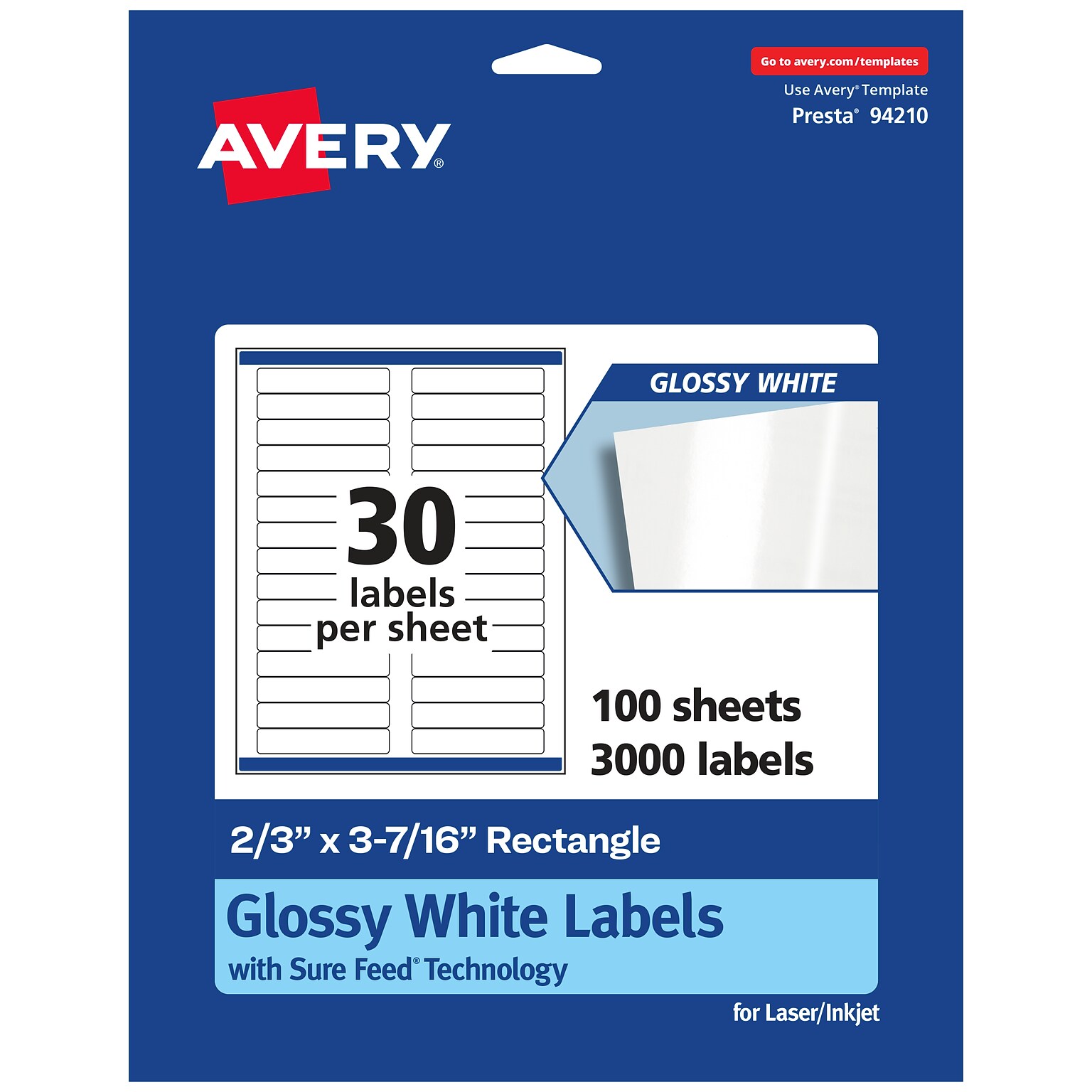 Avery Laser/Inkjet Multipurpose Labels, 3.4375 x , Glossy White, 3000/Box (94210)