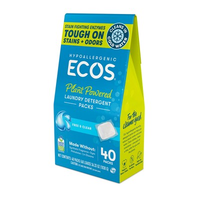 ECOS Laundry Detergent Packs with Enzymes, Free & Clear, 40/Pack (9637/06)