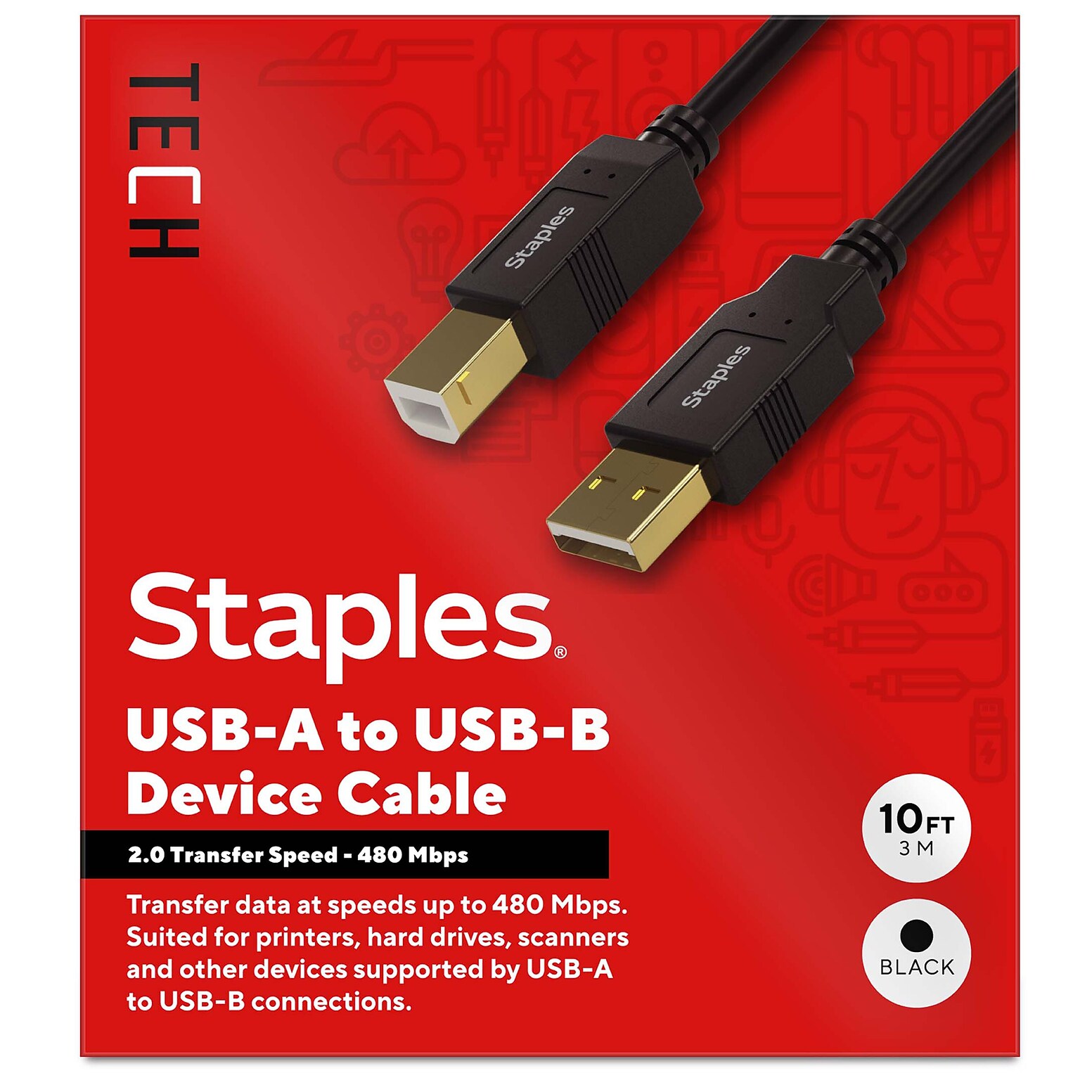 Staples TECH 10 ft. USB-A to USB-B 2.0 Cable, Male to Male, Black (ST62443)