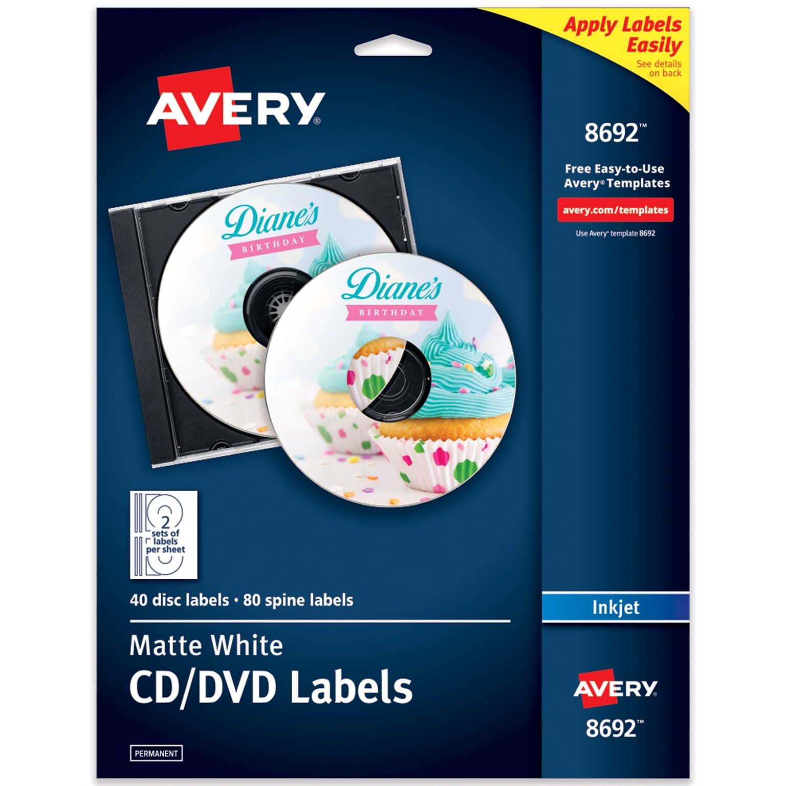 Avery Inkjet CD Labels, Matte White, 2 Labels/Sheet, 20 Sheets/Pack, 40 Labels/Pack (8212)