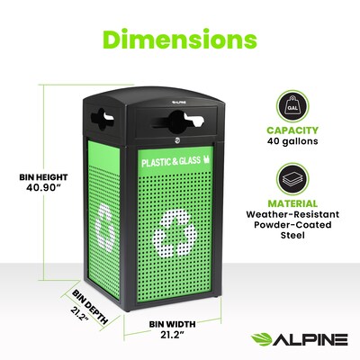 Alpine Industries GS Series Steel Trash Can & Recycling Bin Combo, 40 Gallon, Green (ALP471-40-GS-M)