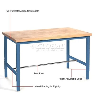 Global Industrial Height Adjustable Workbench, 72"W x 36"D, Maple Safety Edge, Blue (607262BL)