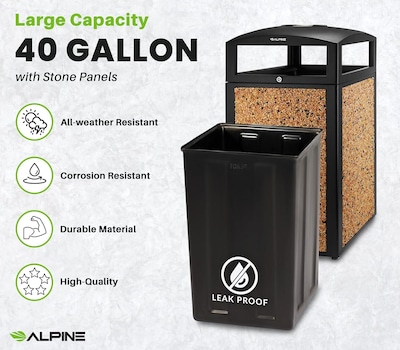 Alpine Industries Steel Outdoor Trash Can with Covered Top and Open Sides, 40 Gallon, Black/Stone, 2/Pack (ALP472-40-STO-2PK)