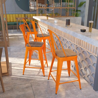 Flash Furniture Lily Contemporary Metal Vertical Back Counter Height Stool, Orange, 4-Pieces/Pack (4CH3132024GBORW)