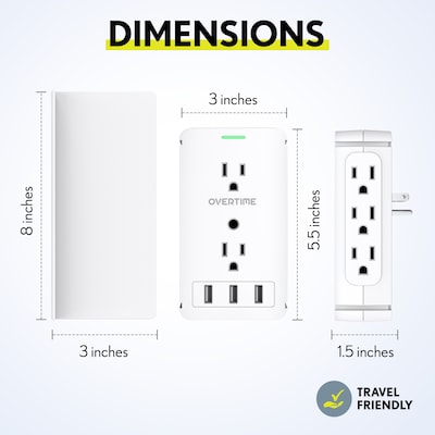 Overtime Wall Outlet Shelf, 8 Outlets and 3 USB Ports, Surge Protector, White (OTWP8O3USB)